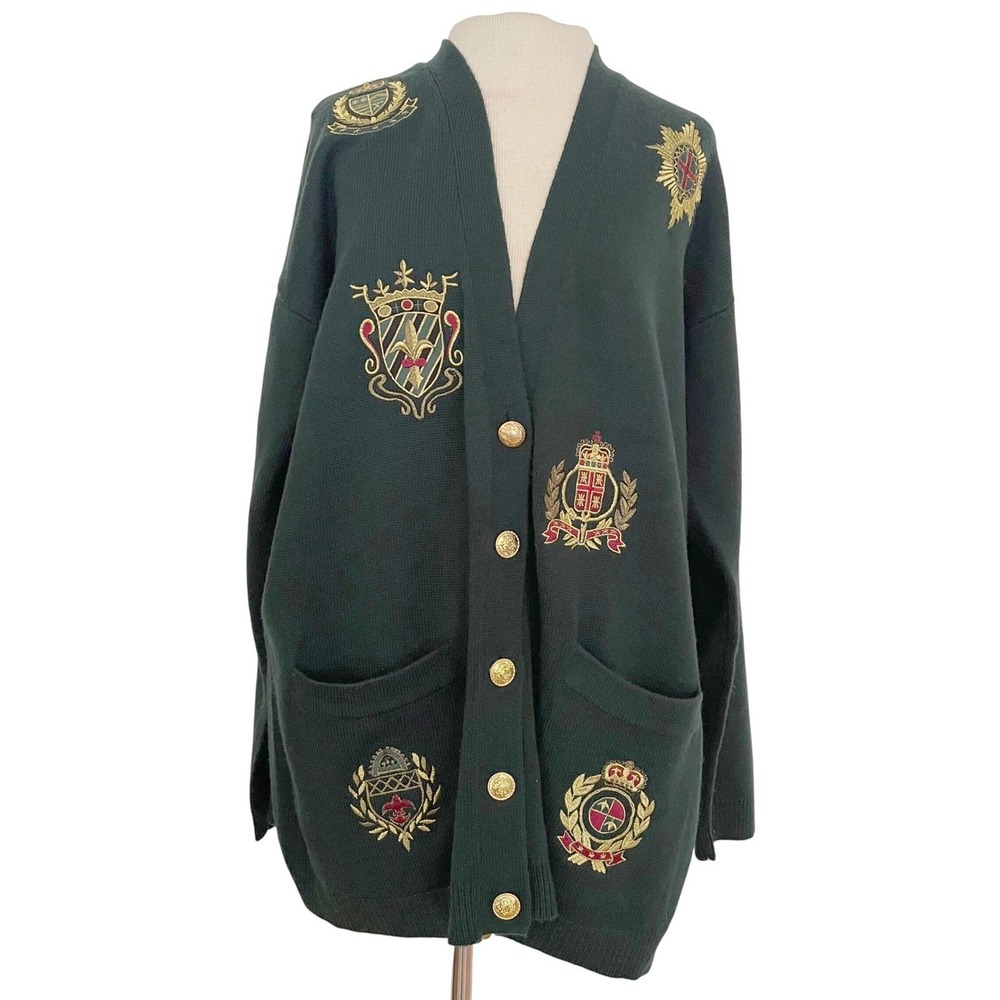 VTG JONES NEW YORK Women Emerald Green Crest Embroidered Knit Cardigan Sweater L